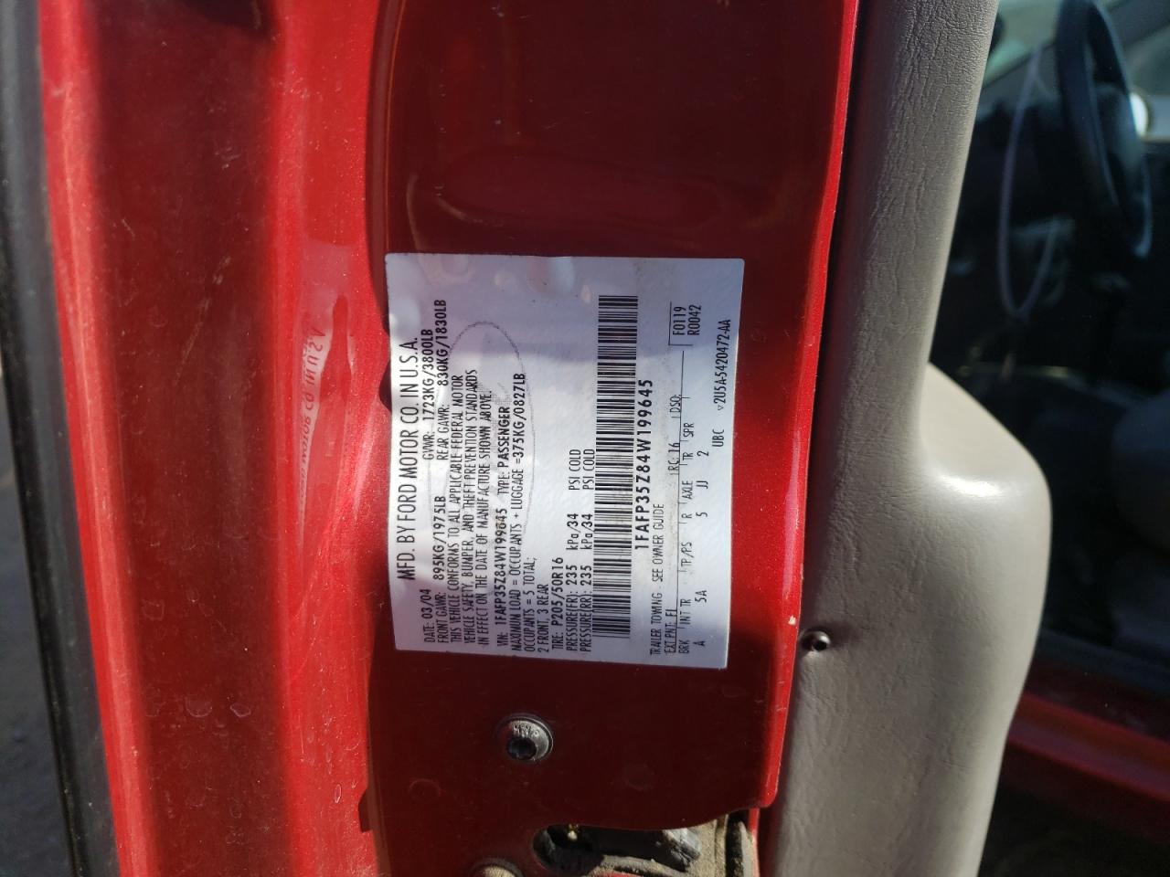 Photo 10 from auction – 2004 FORD FOCUS ZTW with VIN 1FAFP35Z84W199645