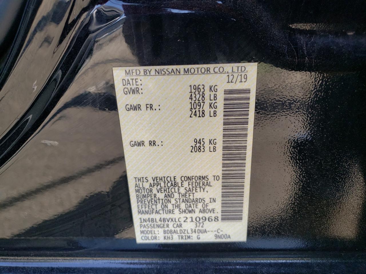 Photo 10 from auction – 2020 NISSAN ALTIMA S with VIN 1N4BL4BVXLC210968