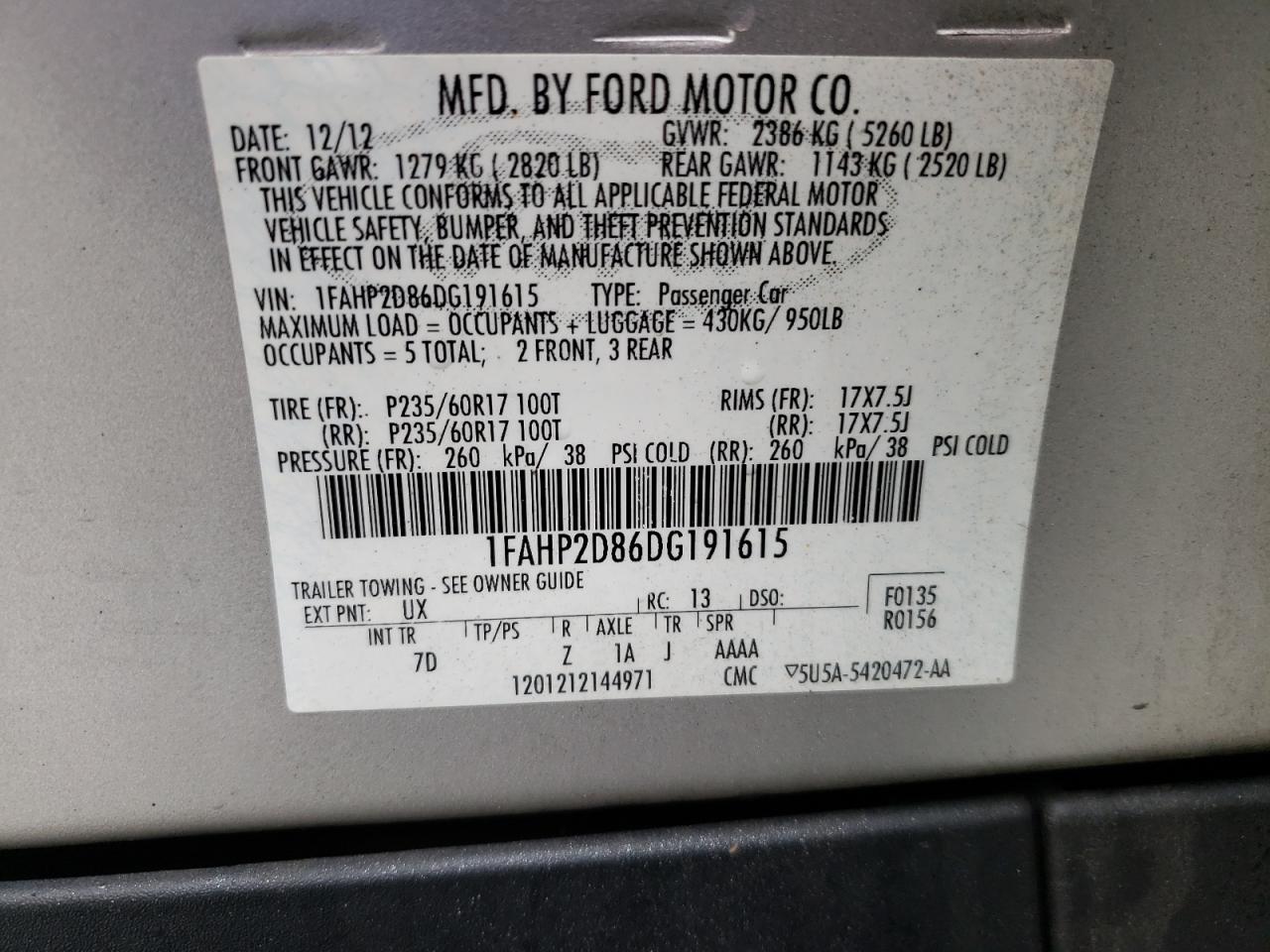 Photo 10 from auction – 2013 FORD TAURUS SE with VIN 1FAHP2D86DG191615