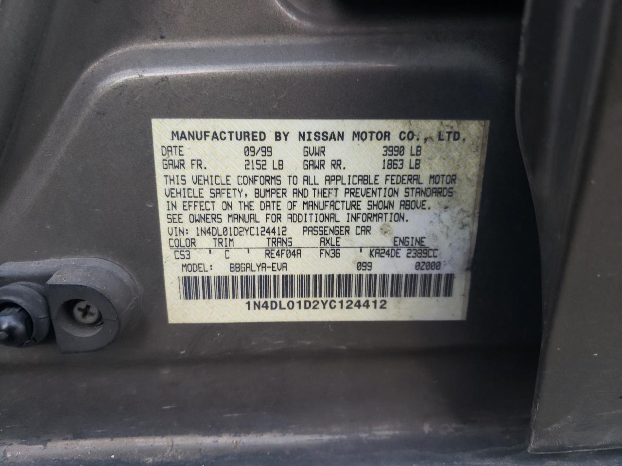 Photo 10 from auction – 2000 NISSAN ALTIMA XE with VIN 1N4DL01D2YC124412