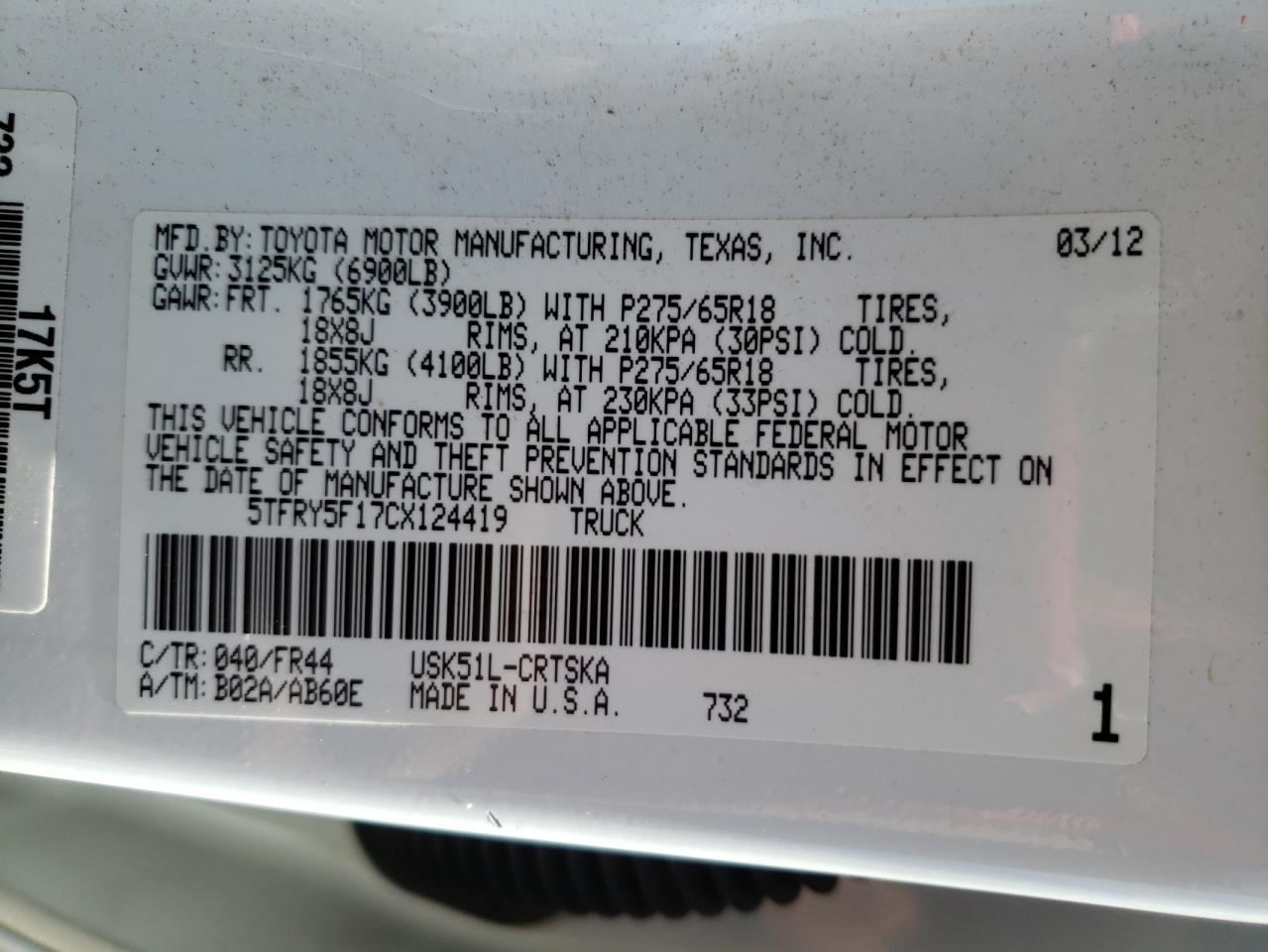 Photo 10 from auction – 2012 TOYOTA TUNDRA DOU with VIN 5TFRY5F17CX124419