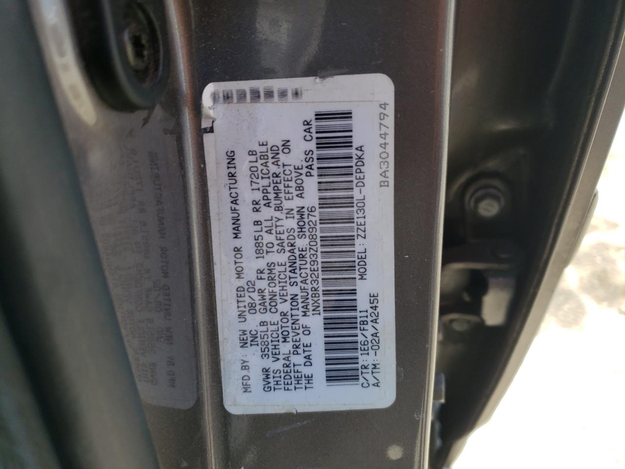 Photo 10 from auction – 2003 TOYOTA COROLLA CE with VIN 1NXBR32E93Z089276