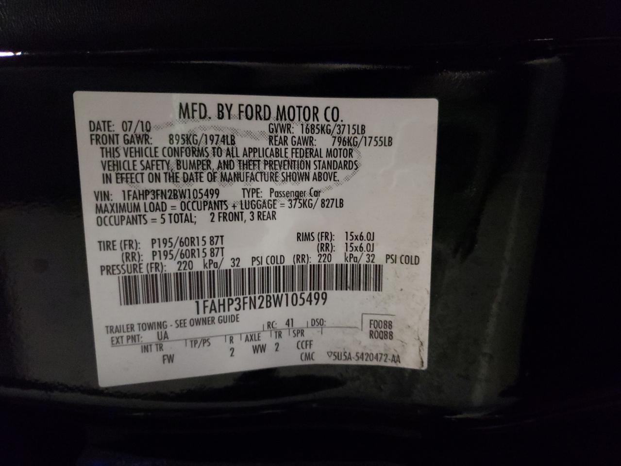 Photo 10 from auction – 2011 FORD FOCUS SE with VIN 1FAHP3FN2BW105499