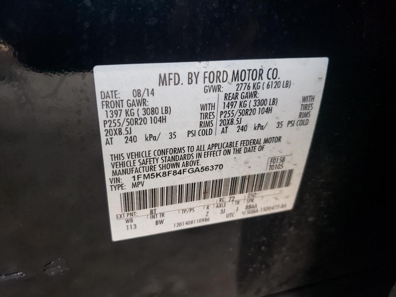 Photo 10 from auction – 2015 FORD EXPLORER L with VIN 1FM5K8F84FGA56370