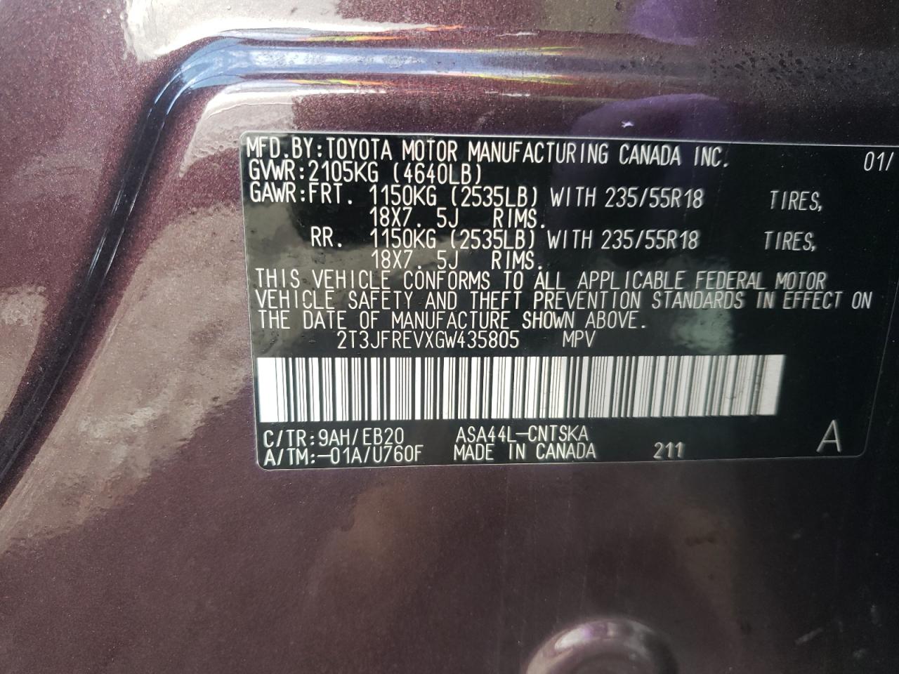 Photo 10 from auction – 2016 TOYOTA RAV4 SE with VIN 2T3JFREVXGW435805
