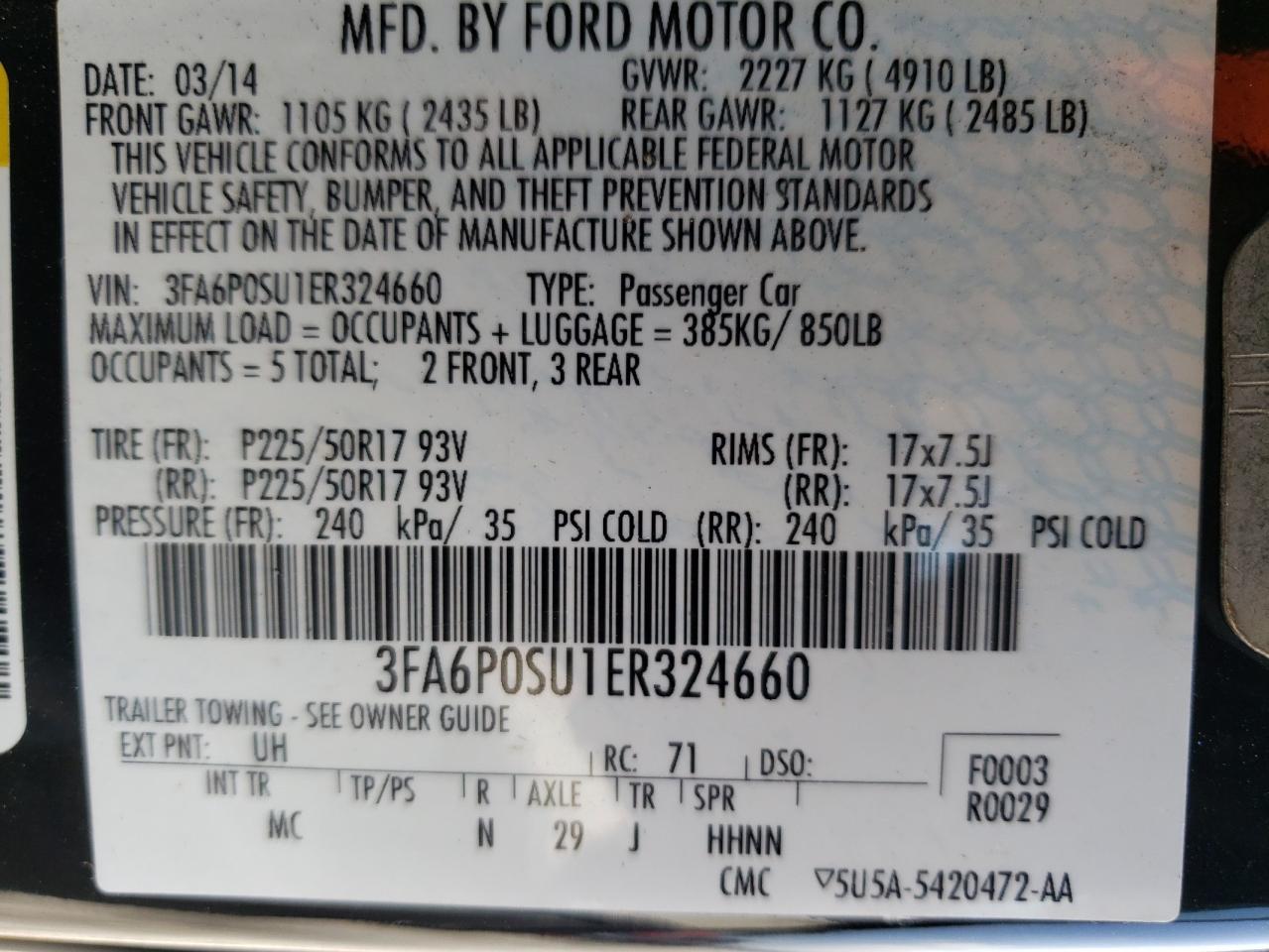 Photo 10 from auction – 2014 FORD FUSION TIT with VIN 3FA6P0SU1ER324660