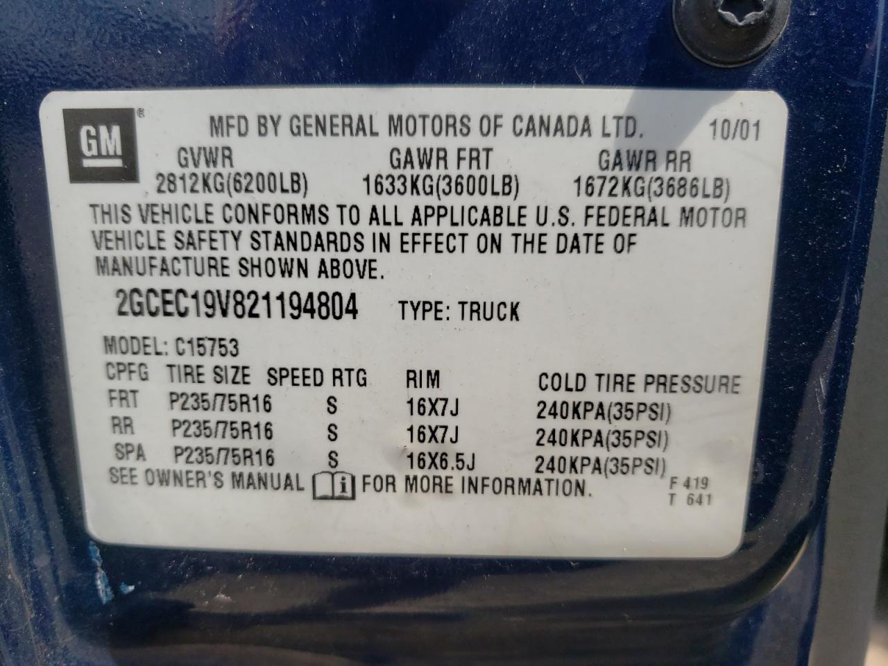 Photo 10 from auction – 2002 CHEVROLET SILVERADO with VIN 2GCEC19V821194804