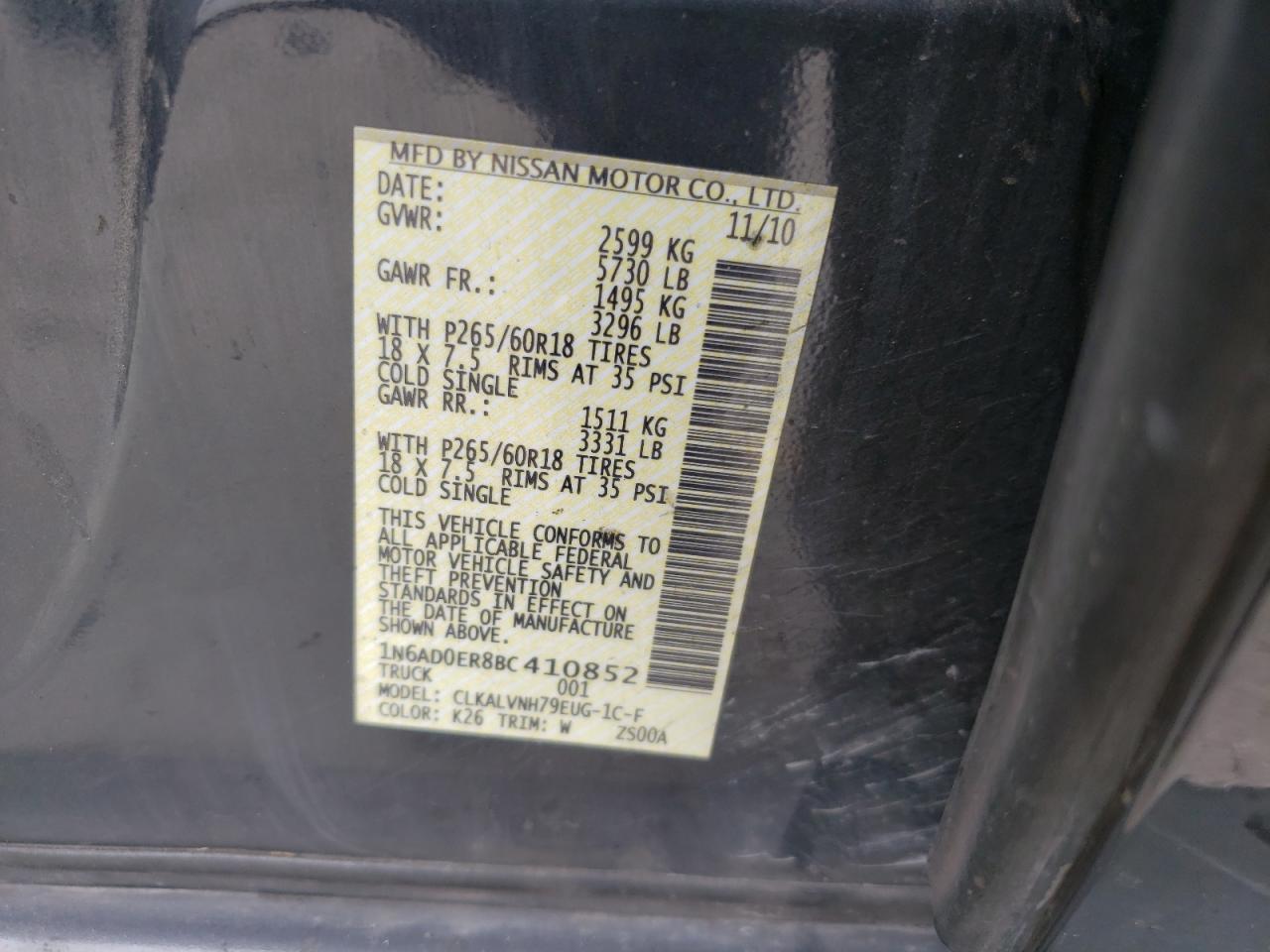 Photo 10 from auction – 2011 NISSAN FRONTIER S with VIN 1N6AD0ER8BC410852