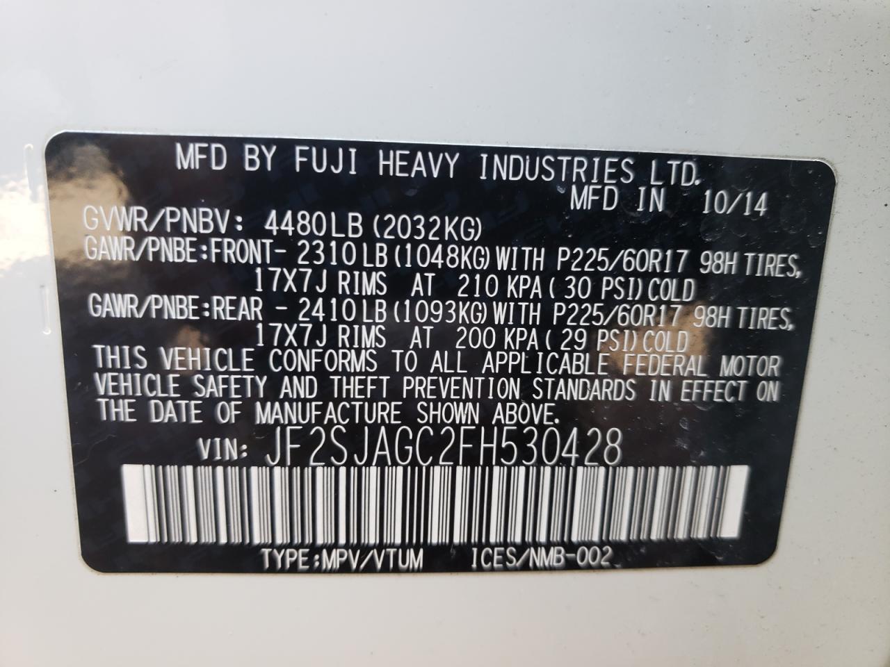 Photo 10 from auction – 2015 SUBARU FORESTER 2 with VIN JF2SJAGC2FH530428