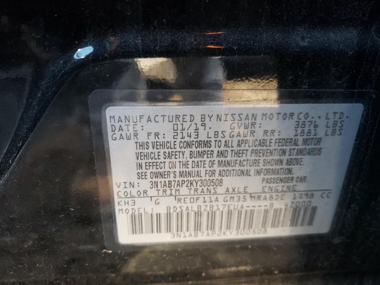 Photo 10 from auction – 2019 NISSAN SENTRA S with VIN 3N1AB7AP2KY300508