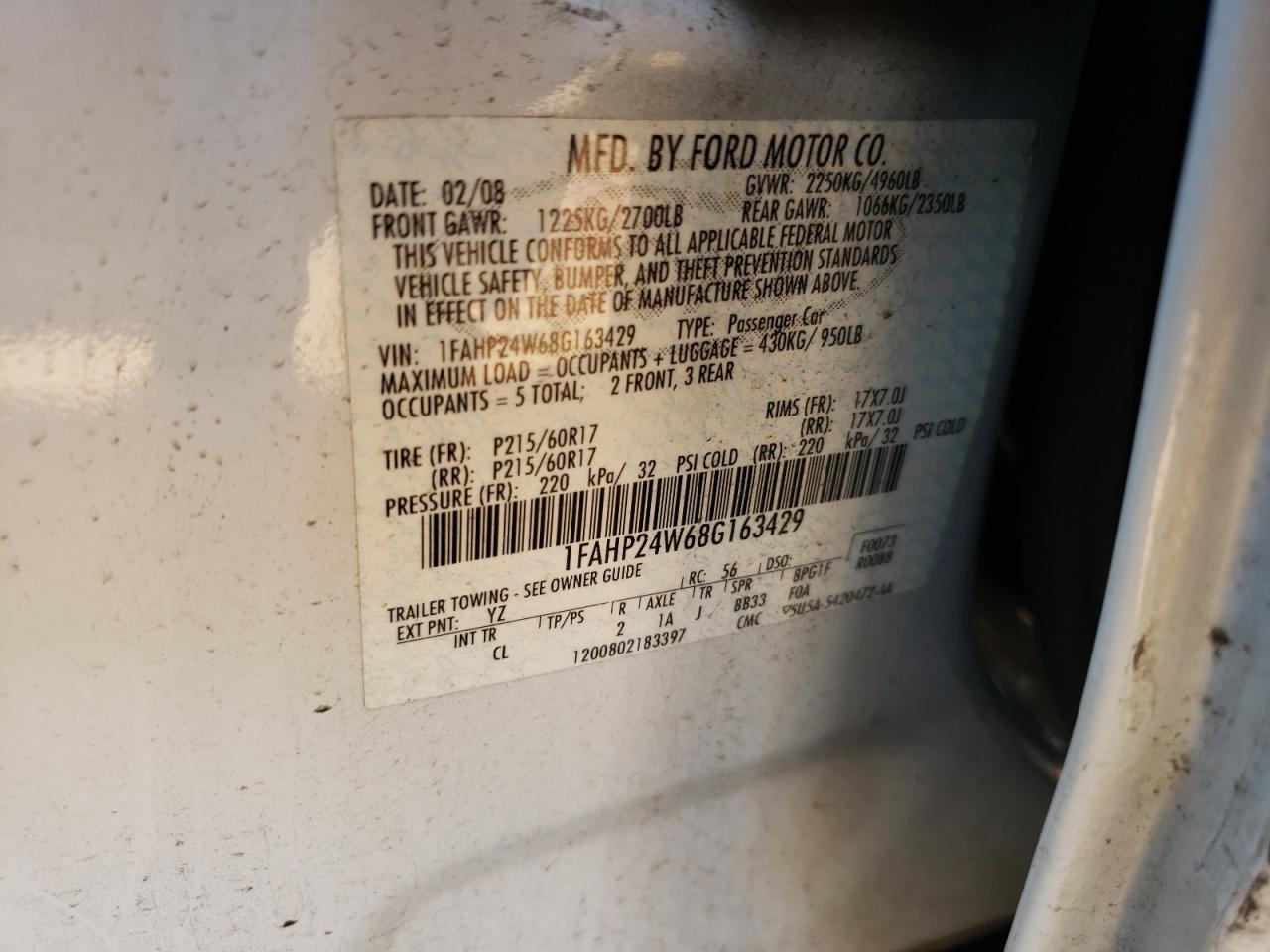 Photo 10 from auction – 2008 FORD TAURUS SEL with VIN 1FAHP24W68G163429