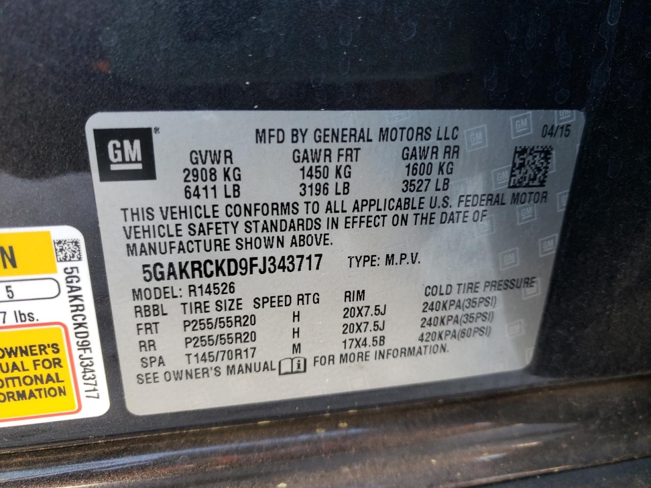 Photo 10 from auction – 2015 BUICK ENCLAVE with VIN 5GAKRCKD9FJ343717