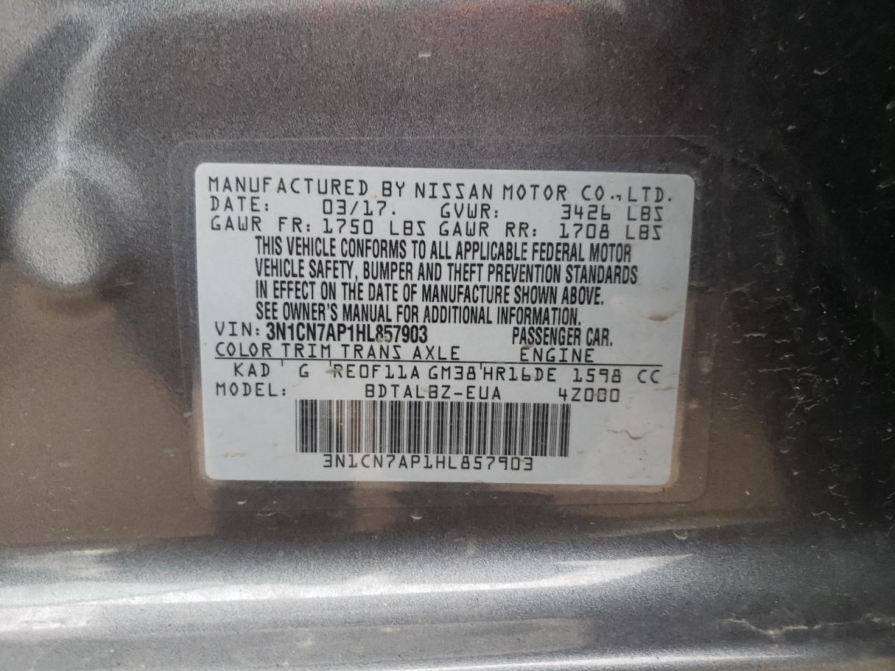 Photo 10 from auction – 2017 NISSAN VERSA S with VIN 3N1CN7AP1HL857903