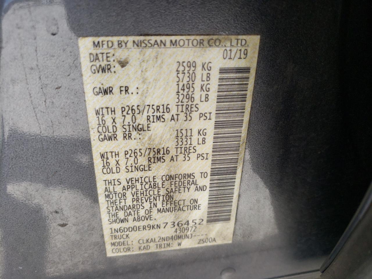 Photo 10 from auction – 2019 NISSAN FRONTIER S with VIN 1N6DD0ER9KN736452