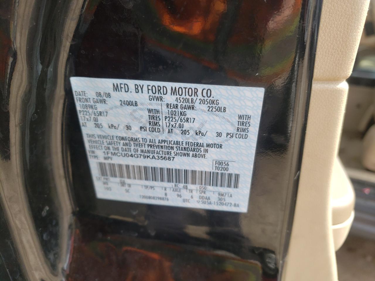 Photo 10 from auction – 2009 FORD ESCAPE LIM with VIN 1FMCU04G79KA35687