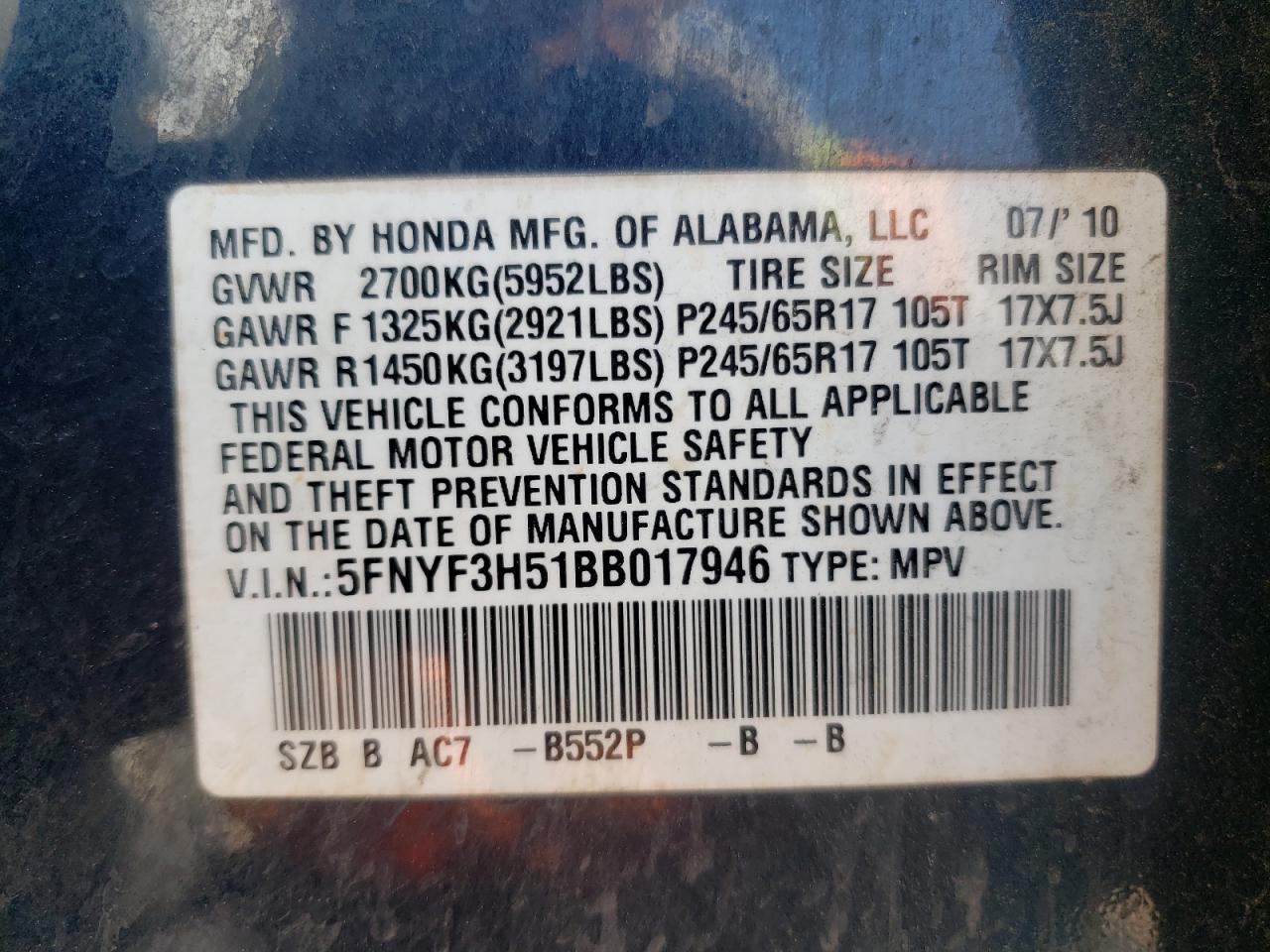 Photo 10 from auction – 2011 HONDA PILOT EXL with VIN 5FNYF3H51BB017946