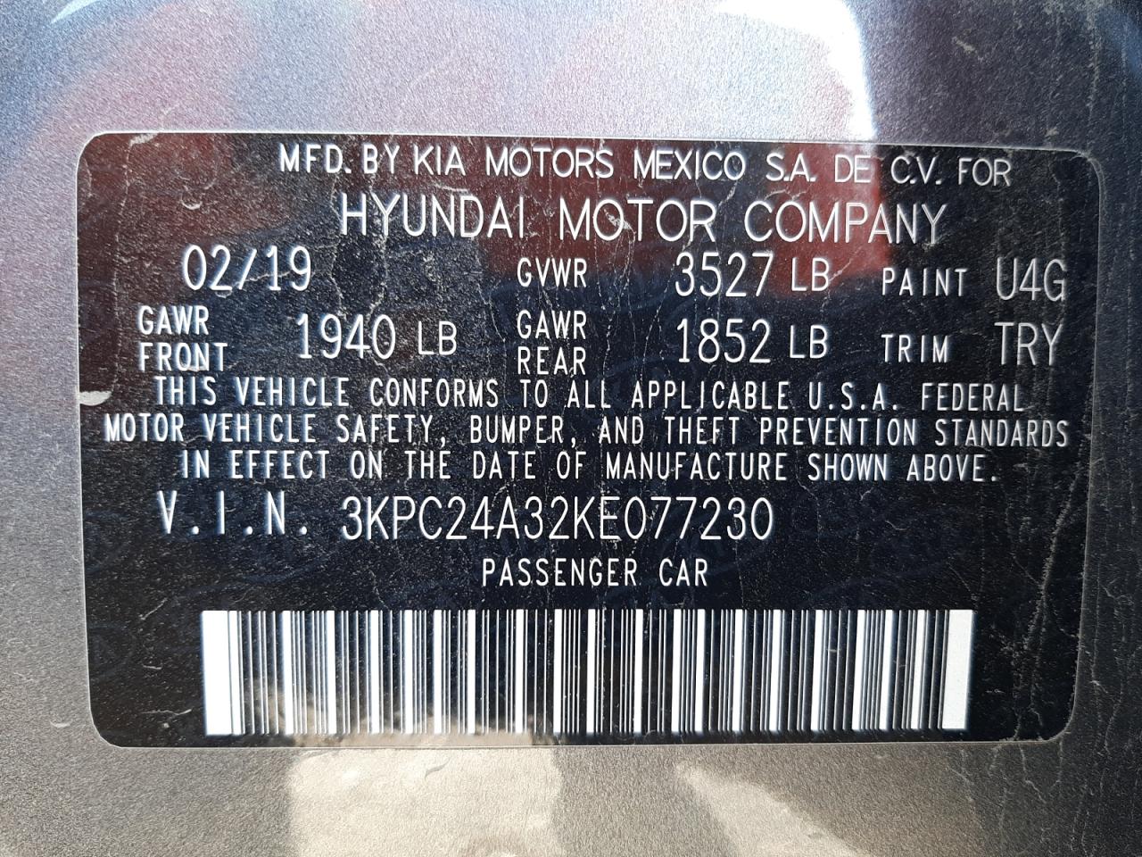 Photo 10 from auction – 2019 HYUNDAI ACCENT SE with VIN 3KPC24A32KE077230