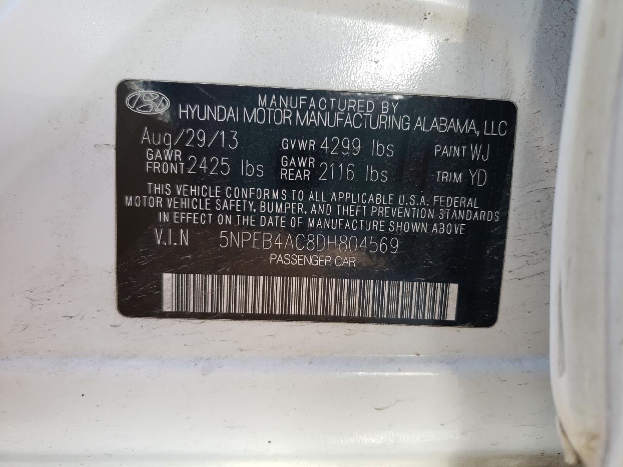 Photo 10 from auction – 2013 HYUNDAI SONATA GLS with VIN 5NPEB4AC8DH804569