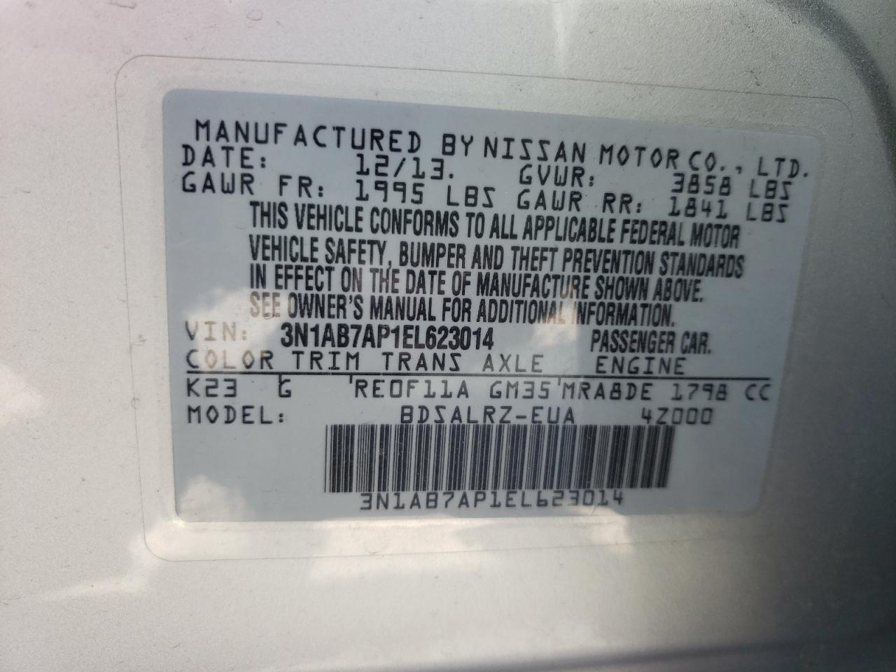Photo 10 from auction – 2014 NISSAN SENTRA S with VIN 3N1AB7AP1EL623014