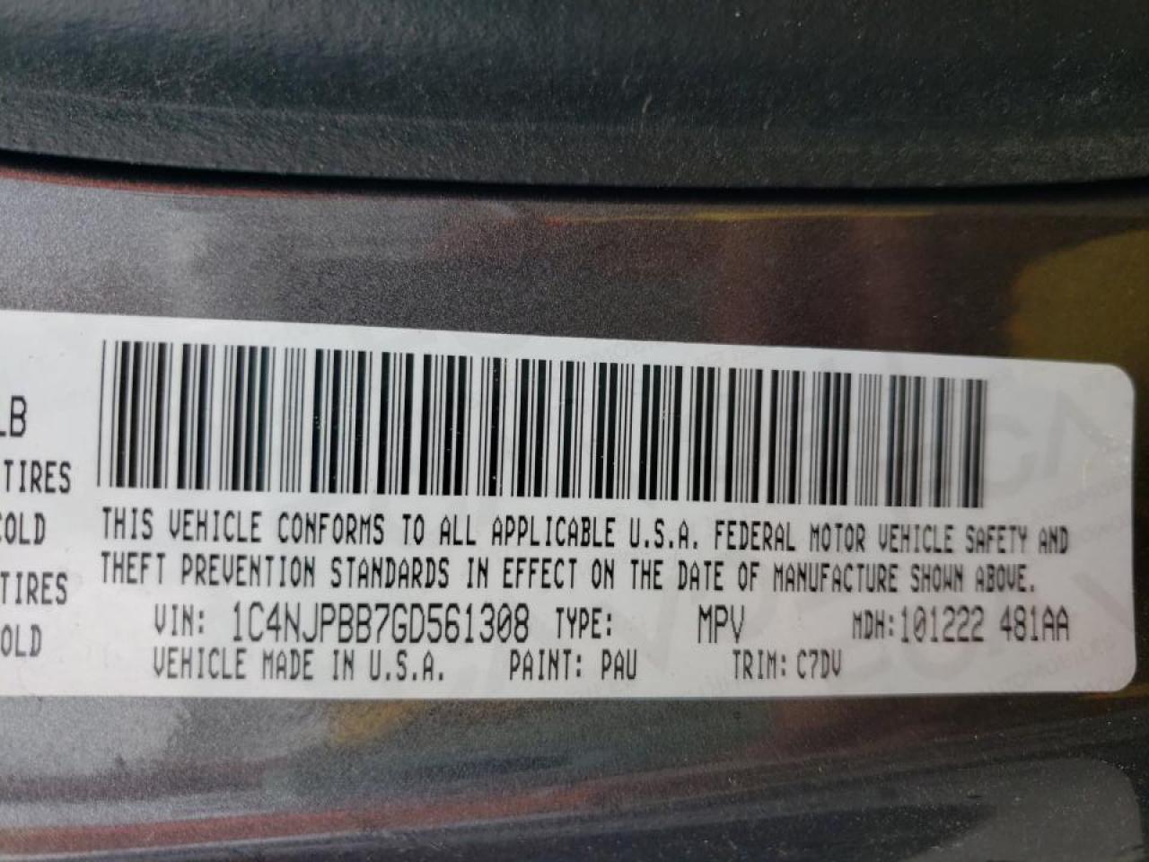 Photo 10 from auction – 2016 JEEP PATRIOT SP with VIN 1C4NJPBB7GD561308