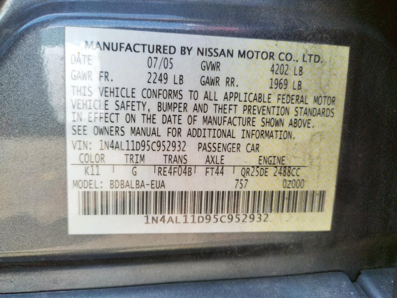Photo 10 from auction – 2005 NISSAN ALTIMA S with VIN 1N4AL11D95C952932