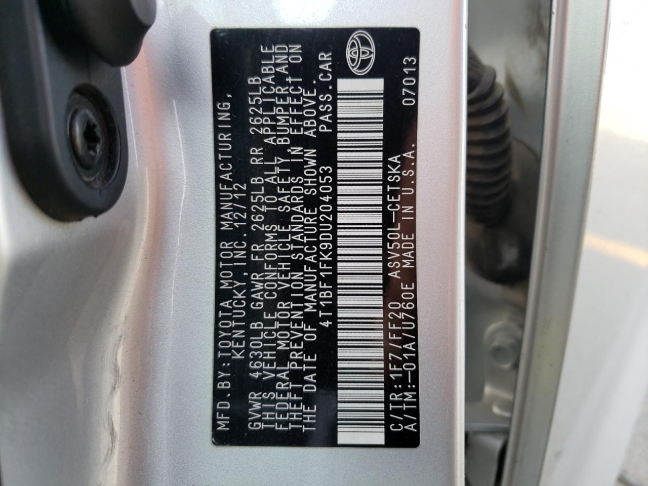 Photo 10 from auction – 2013 TOYOTA CAMRY L with VIN 4T1BF1FK9DU204053