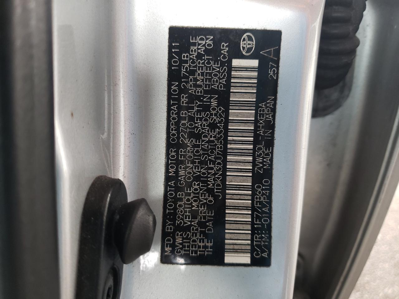 Photo 10 from auction – 2011 TOYOTA PRIUS with VIN JTDKN3DU7B5334329