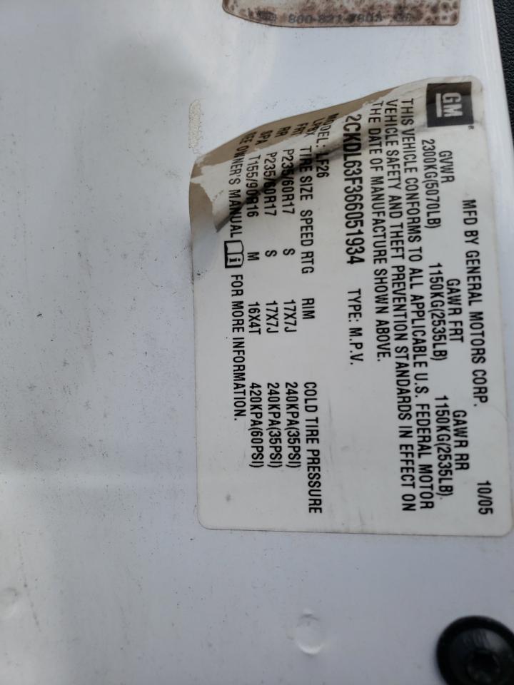 Photo 10 from auction – 2006 PONTIAC TORRENT with VIN 2CKDL63F366051934