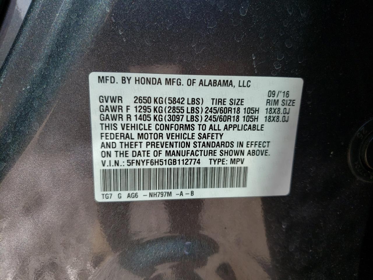 Photo 10 from auction – 2016 HONDA PILOT EXL with VIN 5FNYF6H51GB112774