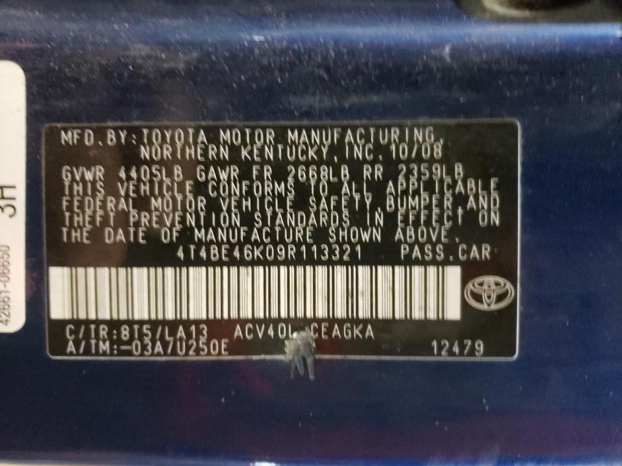 Photo 10 from auction – 2009 TOYOTA CAMRY BASE with VIN 4T4BE46K09R113321