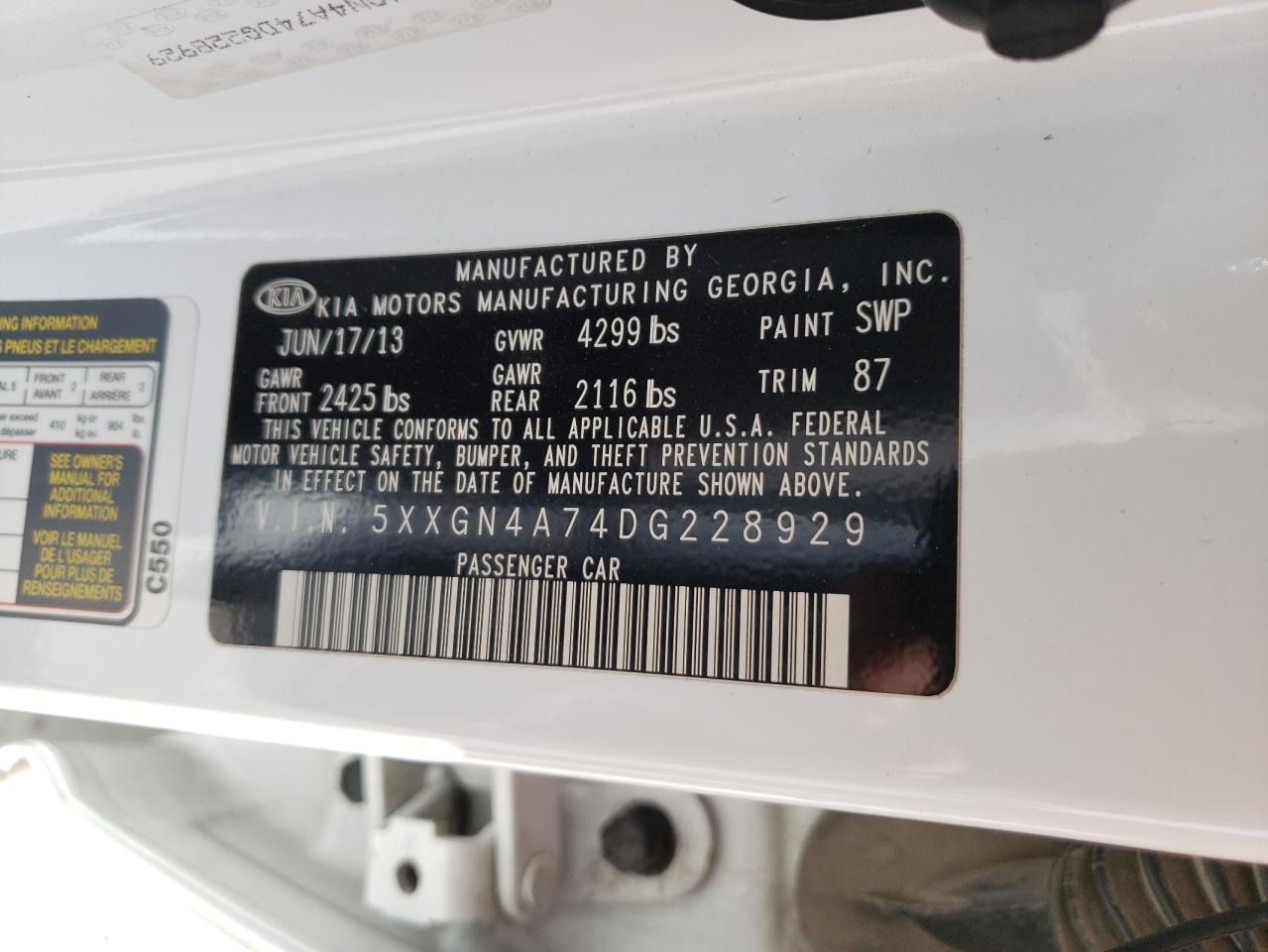 Photo 10 from auction – 2013 KIA OPTIMA EX with VIN 5XXGN4A74DG228929