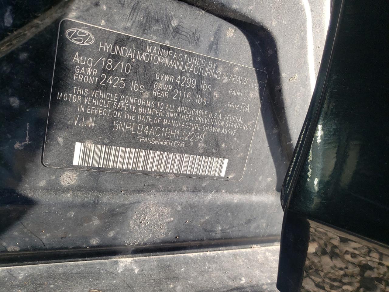 Photo 10 from auction – 2011 HYUNDAI SONATA GLS with VIN 5NPEB4AC1BH132299