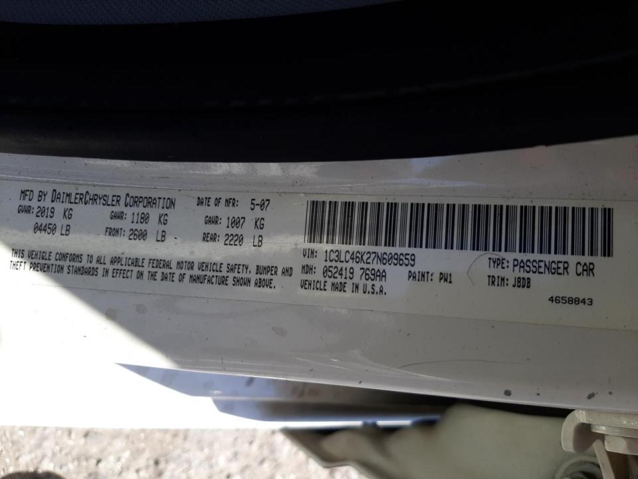 Photo 10 from auction – 2007 CHRYSLER SEBRING with VIN 1C3LC46K27N609659