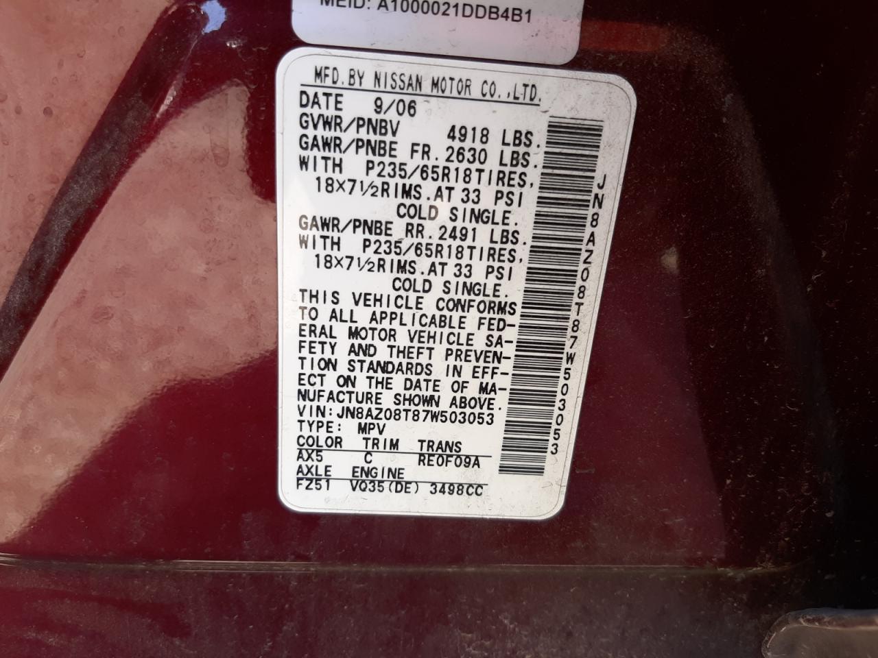 Photo 10 from auction – 2007 NISSAN MURANO with VIN JN8AZ08T87W503053