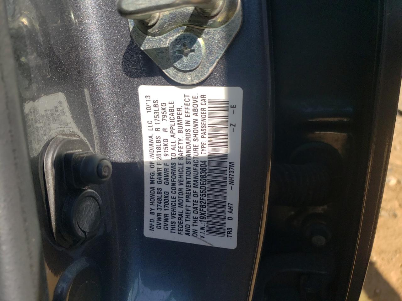 Photo 10 from auction – 2013 HONDA CIVIC LX with VIN 19XFB2F55DE083604
