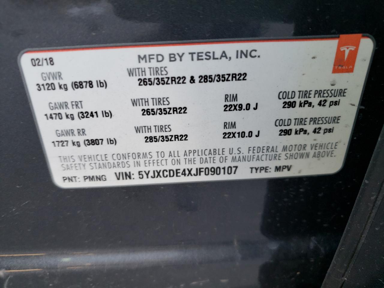 Photo 10 from auction – 2018 TESLA MODEL X with VIN 5YJXCDE4XJF090107