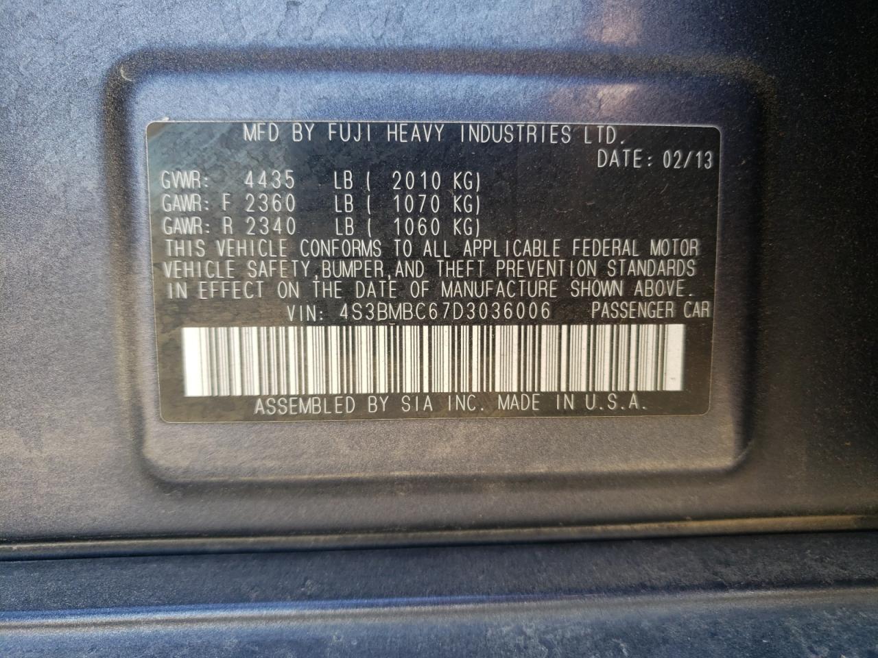 Photo 10 from auction – 2013 SUBARU LEGACY 2.5 with VIN 4S3BMBC67D3036006