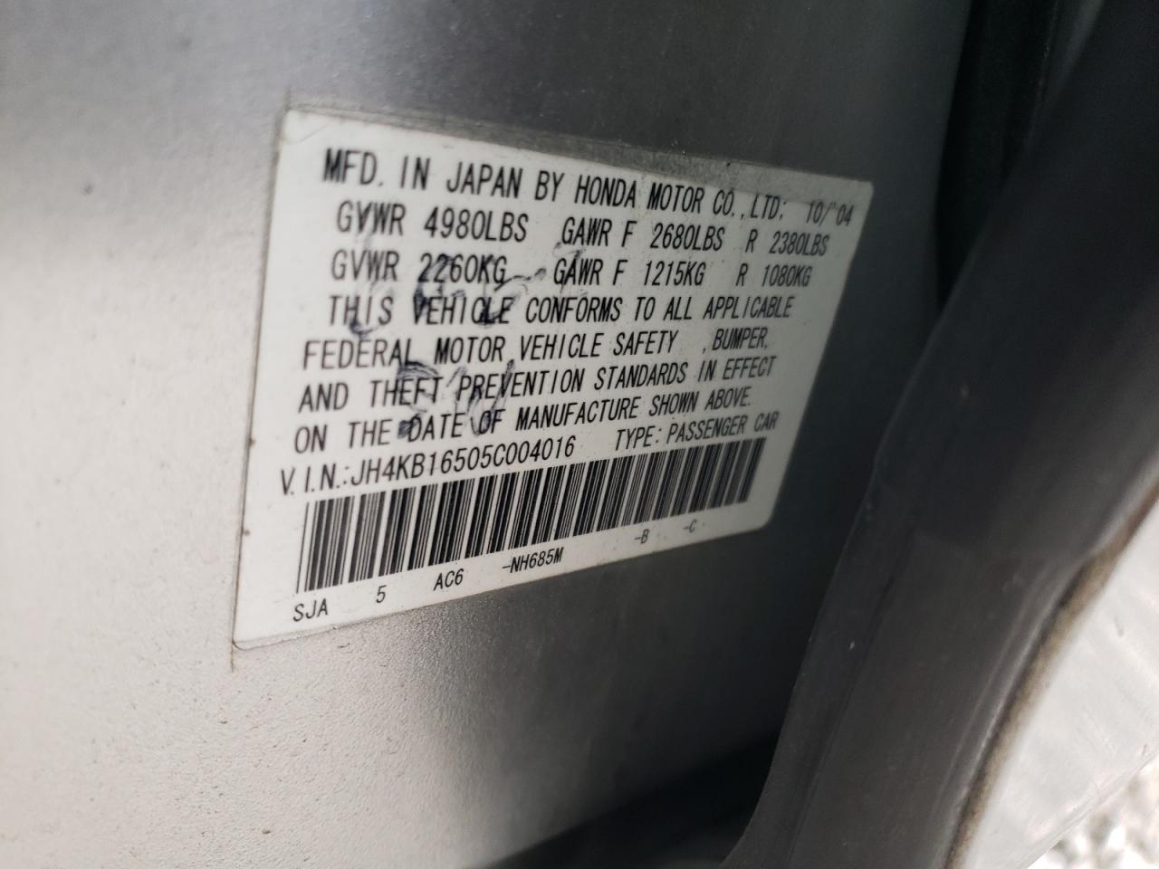 Photo 10 from auction – 2005 ACURA RL with VIN JH4KB16505C004016