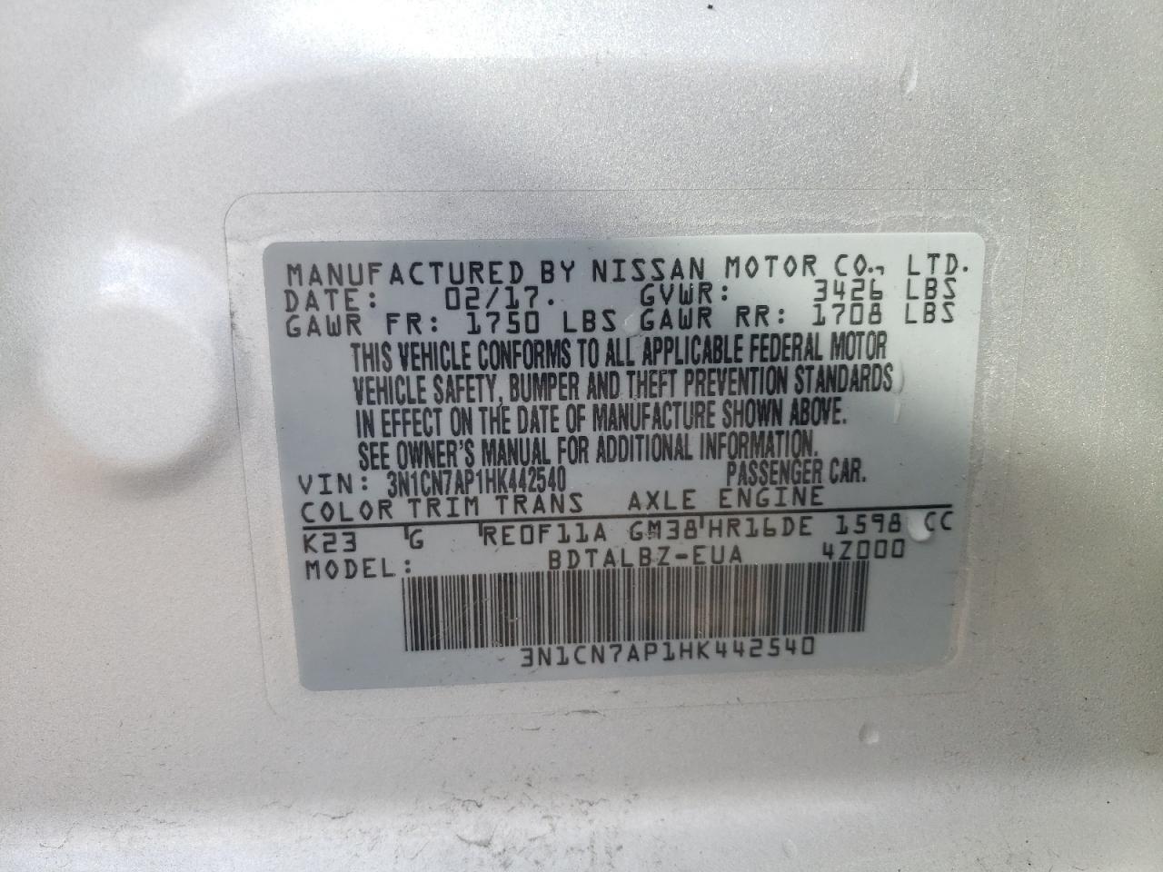 Photo 10 from auction – 2017 NISSAN VERSA S with VIN 3N1CN7AP1HK442540