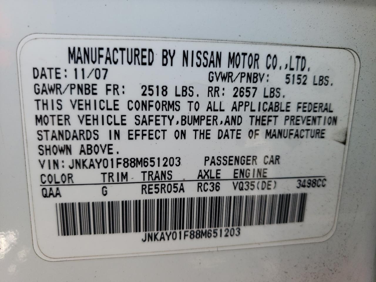 Photo 10 from auction – 2008 INFINITI M35 BASE with VIN JNKAY01F88M651203