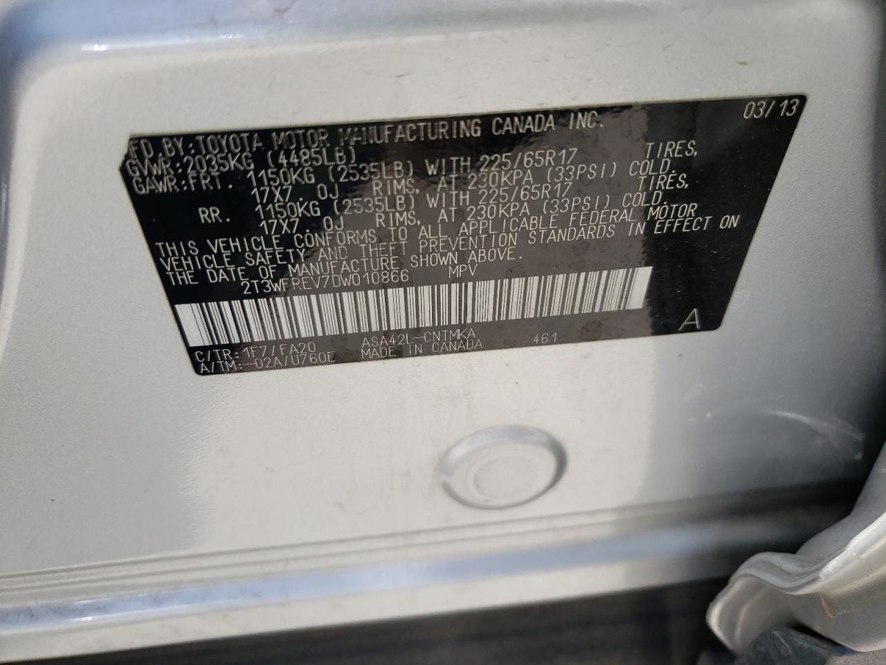 Photo 10 from auction – 2013 TOYOTA RAV4 XLE with VIN 2T3WFREV7DW010866
