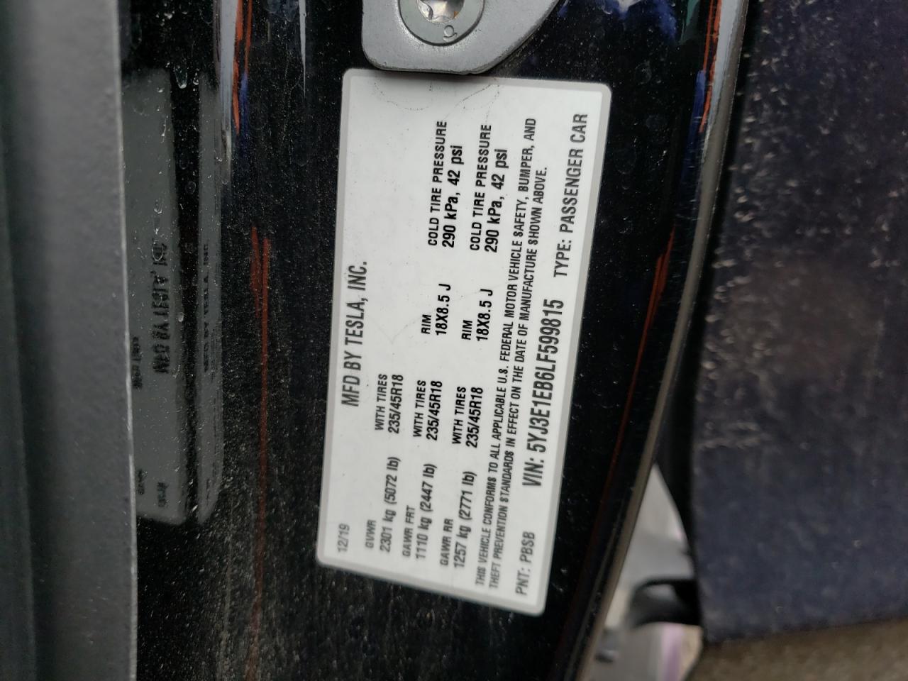 Photo 10 from auction – 2020 TESLA MODEL 3 with VIN 5YJ3E1EB6LF599815