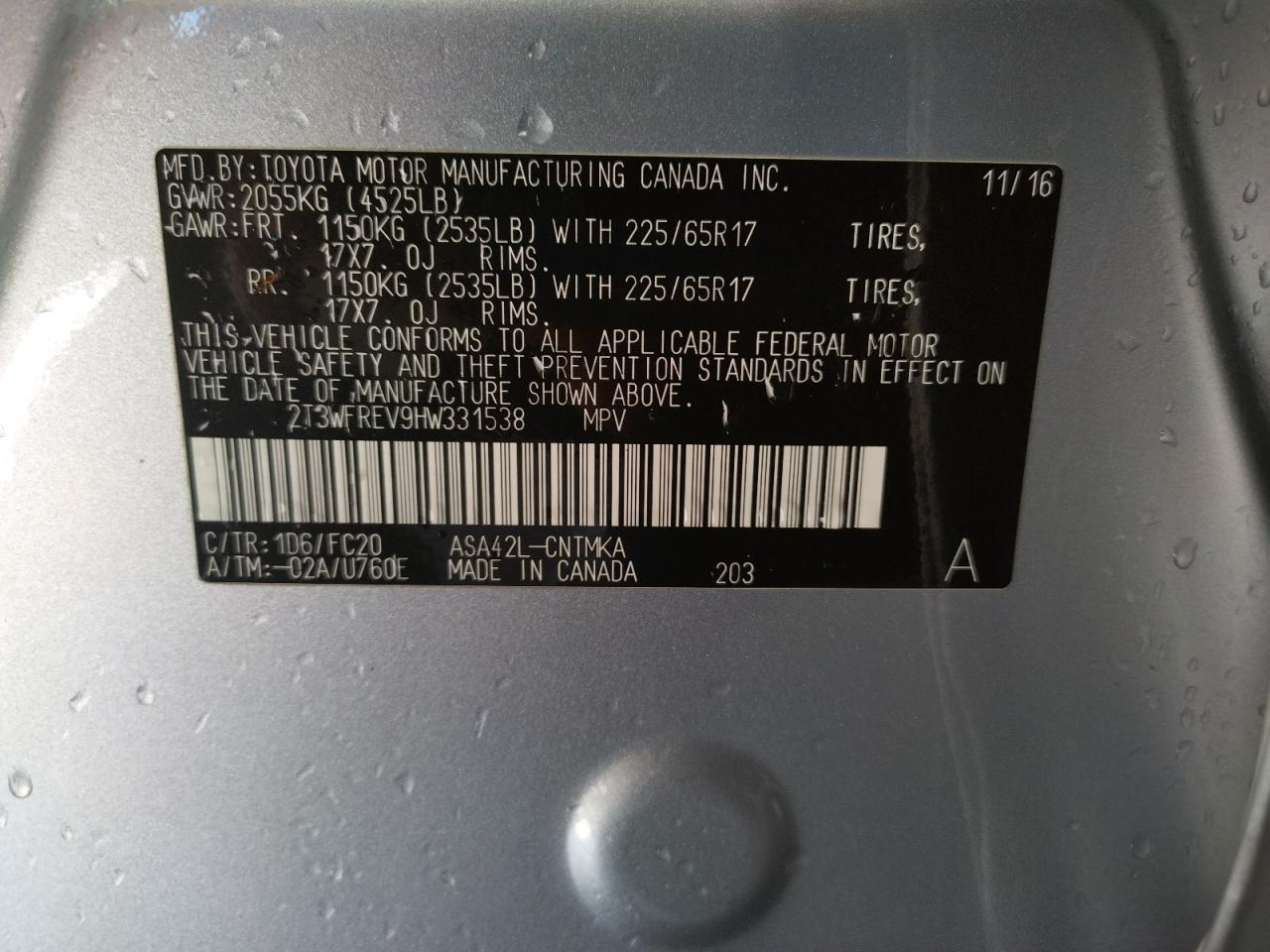 Photo 10 from auction – 2017 TOYOTA RAV4 XLE with VIN 2T3WFREV9HW331538