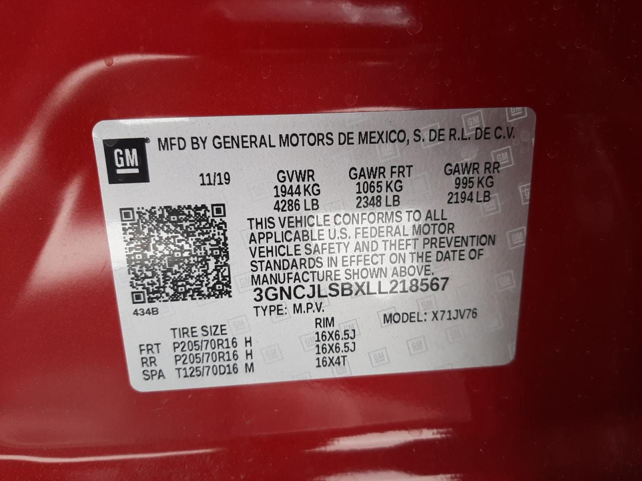 Photo 10 from auction – 2020 CHEVROLET TRAX 1LT with VIN 3GNCJLSBXLL218567