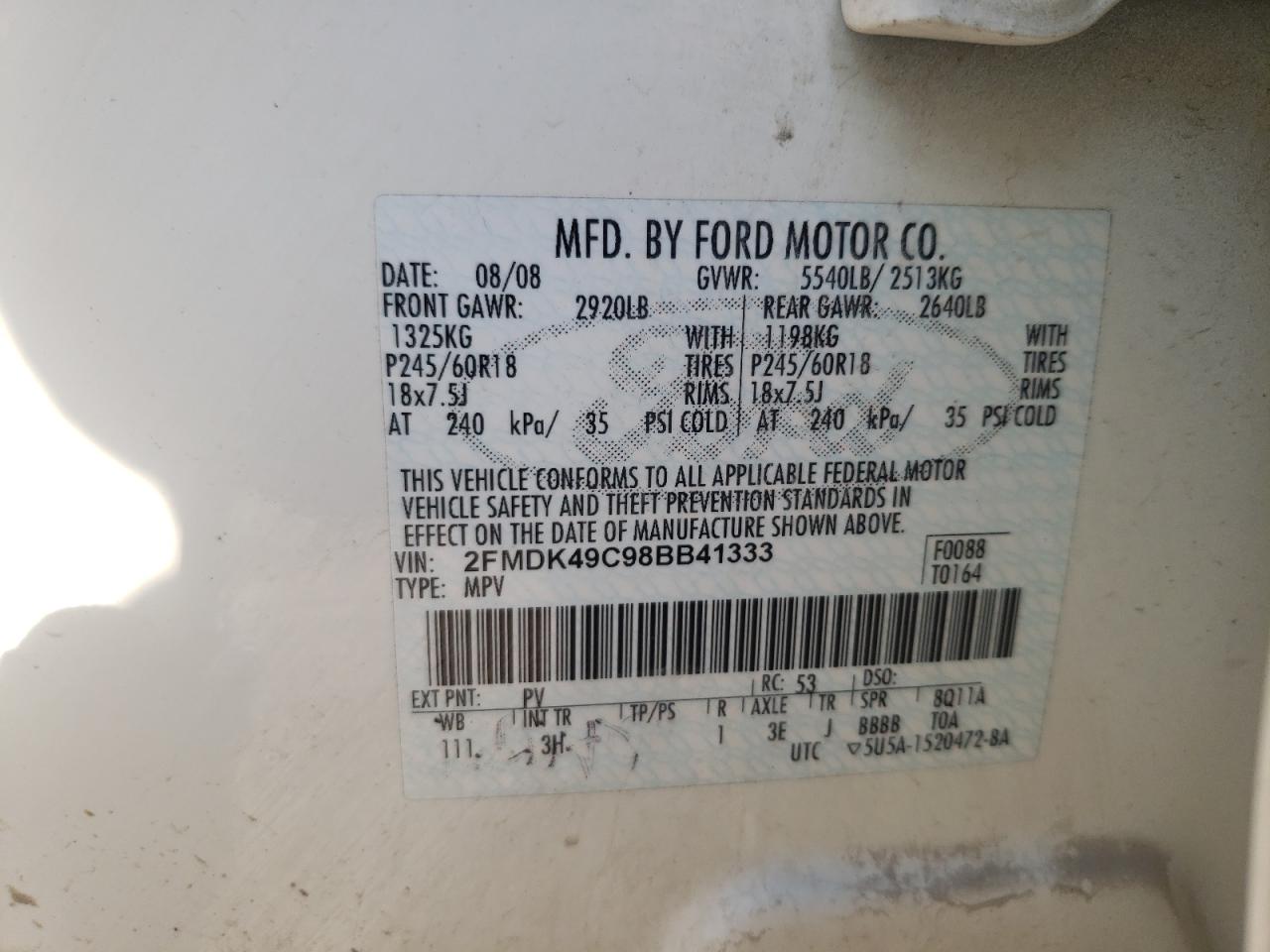 Photo 10 from auction – 2008 FORD EDGE LIMIT with VIN 2FMDK49C98BB41333