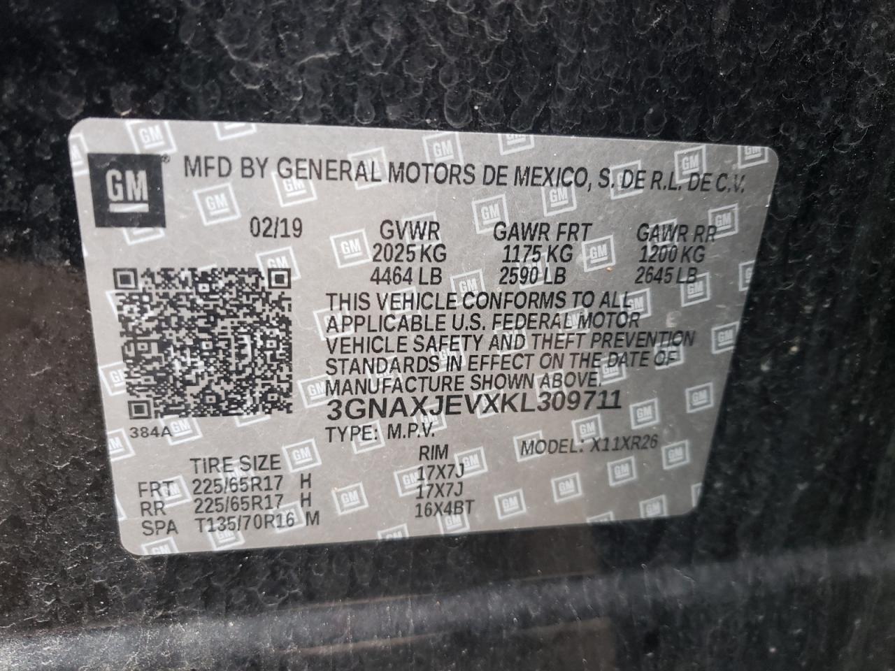 Photo 10 from auction – 2019 CHEVROLET EQUINOX LT with VIN 3GNAXJEVXKL309711