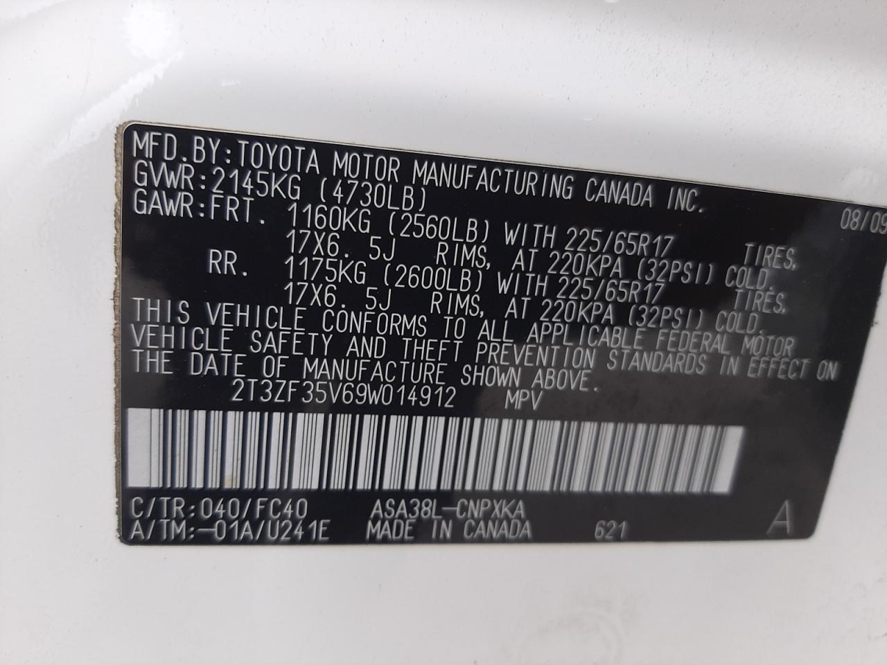 Photo 10 from auction – 2009 TOYOTA RAV4 with VIN 2T3ZF35V69W014912