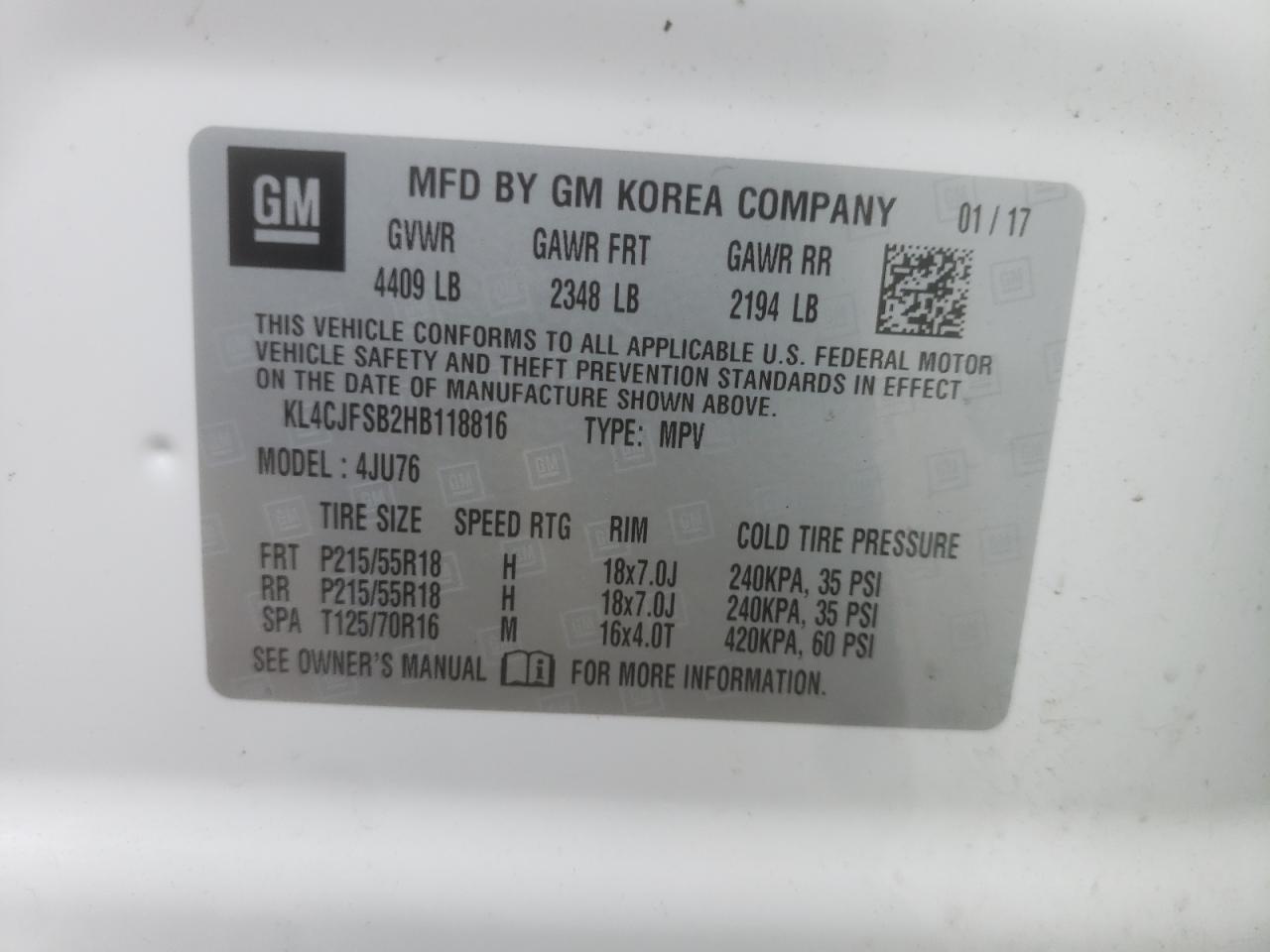 Photo 10 from auction – 2017 BUICK ENCORE PRE with VIN KL4CJFSB2HB118816