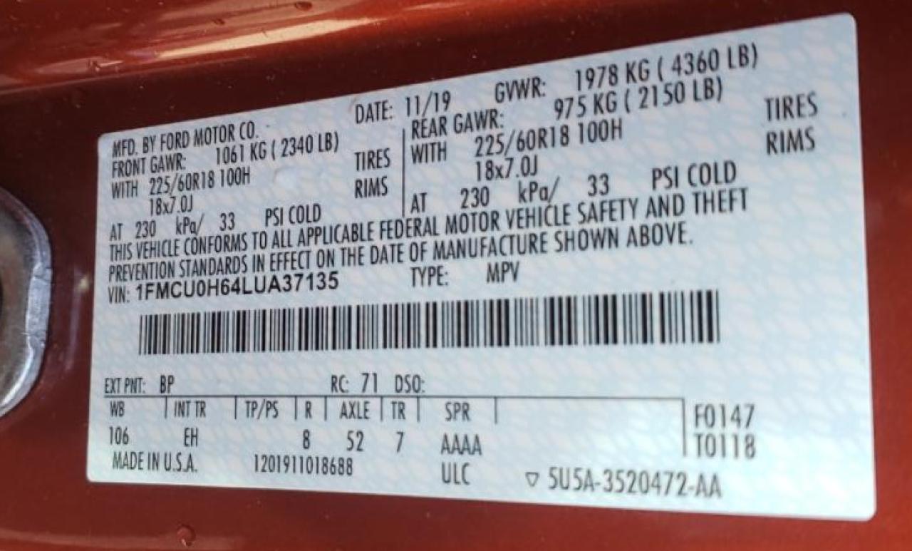 Photo 10 from auction – 2020 FORD ESCAPE SEL with VIN 1FMCU0H64LUA37135