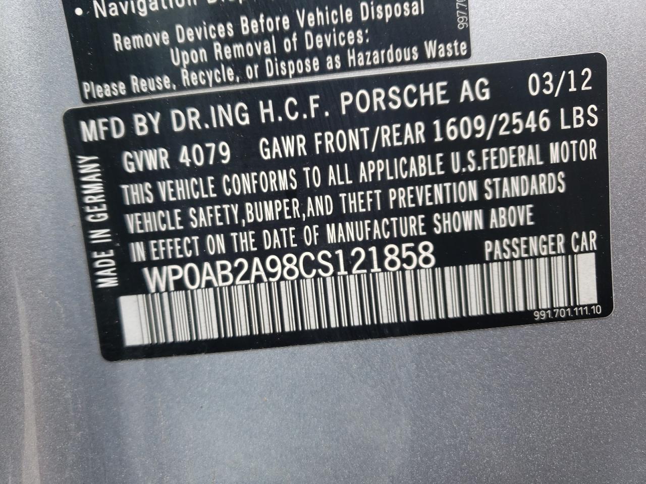 Photo 10 from auction – 2012 PORSCHE 911 CARRER with VIN WP0AB2A98CS121858